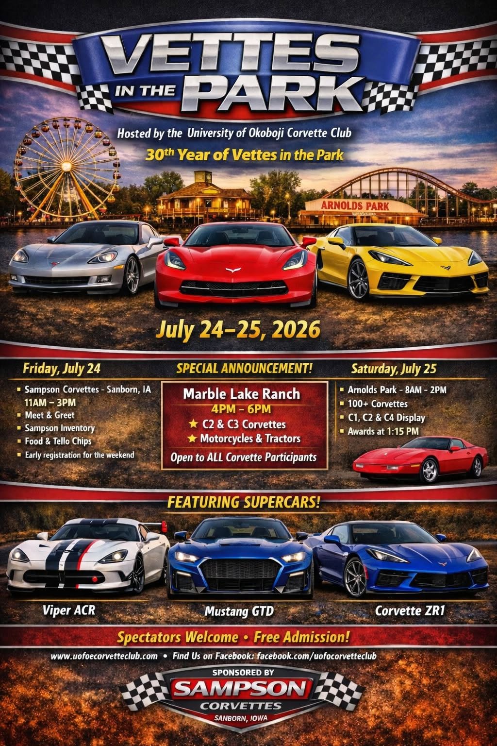 University of Okoboji Corvette Club Vettes in the Park event at Arnolds Park in Arnolds Park, IA on July 24, 2026