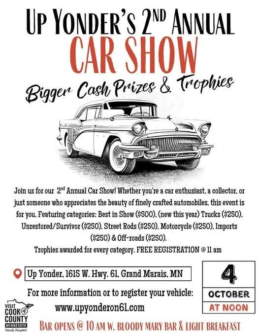 Up Yonder's 2nd Annual Car Show event at Up Yonder in Grand Marais, MN on October 4, 2026