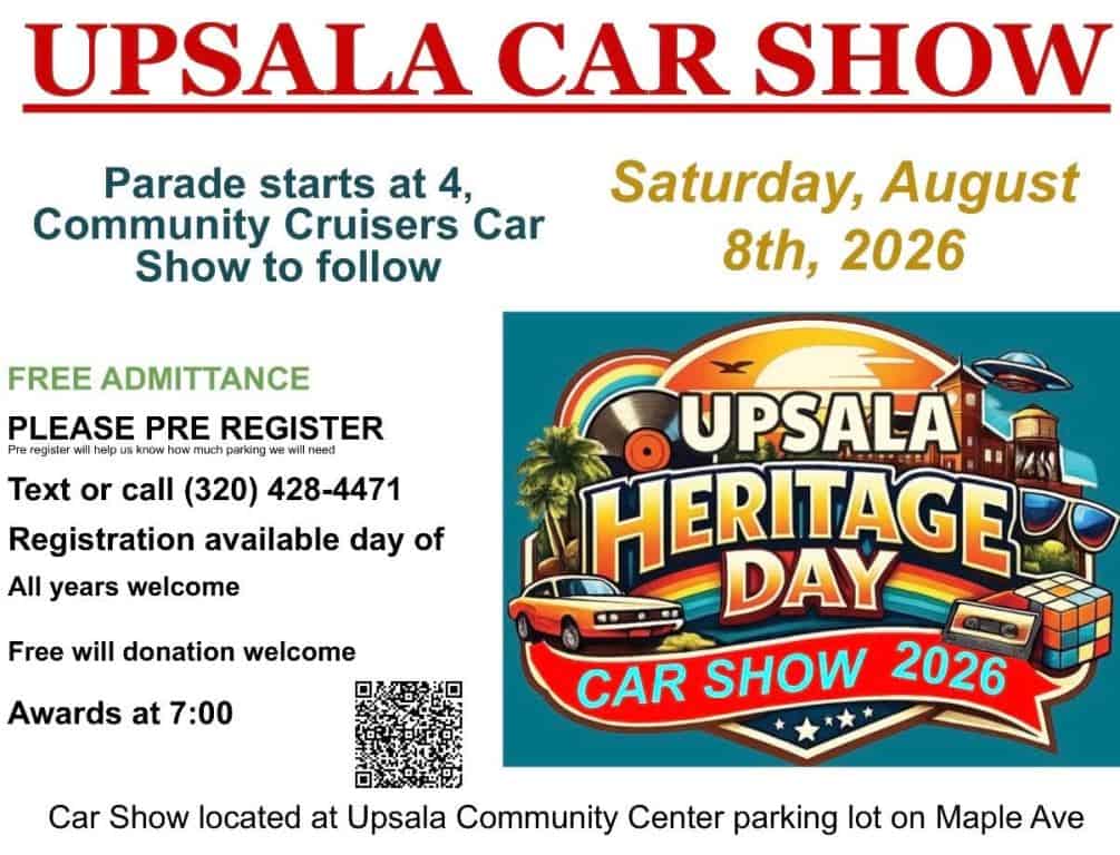 Upsala Car Show event at Upsala Community Center in Upsala, MN on August 8, 2026