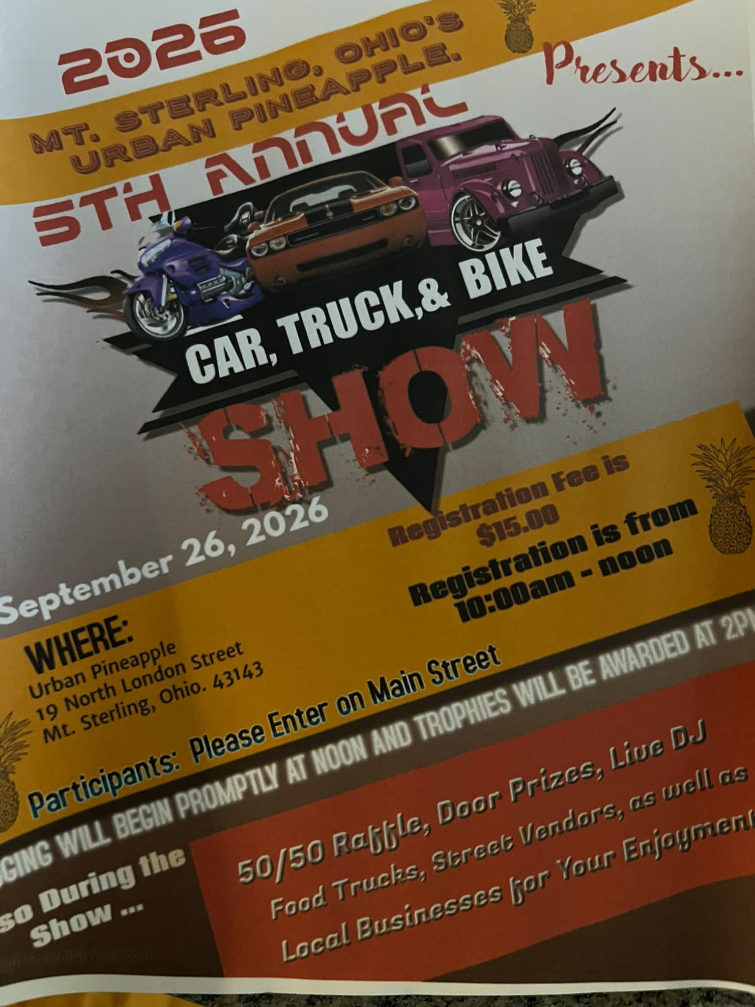 Urban Pineapple 5th Annual Car, Truck & Bike Show event at Urban Pineapple in Mt. Sterling, OH on September 26, 2026