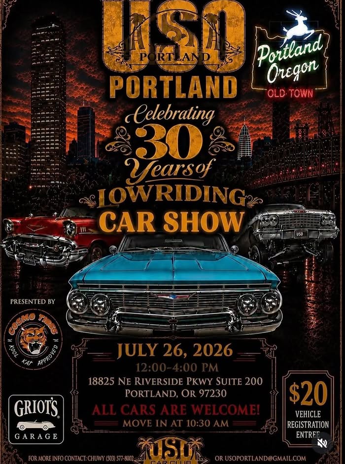 USO Portland 30 Years of Lowriding Car Show event at 18825 NE Riverside Pkwy Suite 200 in Portland, OR on July 26, 2026