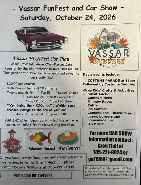Vassar FunFest Car Show event at 23165 Croco Rd in Vassar, KS on October 24, 2026