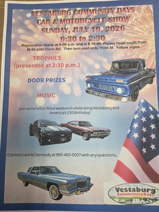 Vestaburg Community Days Car & Motorcycle Show event at Richland Fire Station in Vestaburg, MI on July 19, 2026