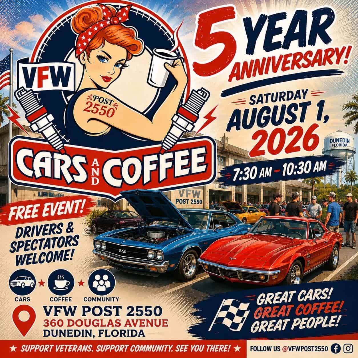 VFW Post 2550 Cars and Coffee 5 Year Anniversary event at VFW Post 2550 in Dunedin, FL on August 1, 2026