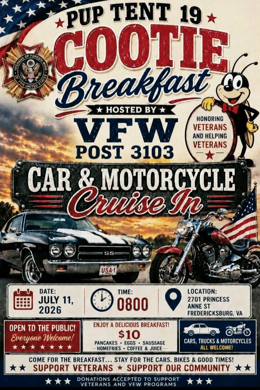 VFW Post 3103 Car & Motorcycle Cruise in event at VFW Post 3103 in Fredericksburg, VA on July 11, 2026