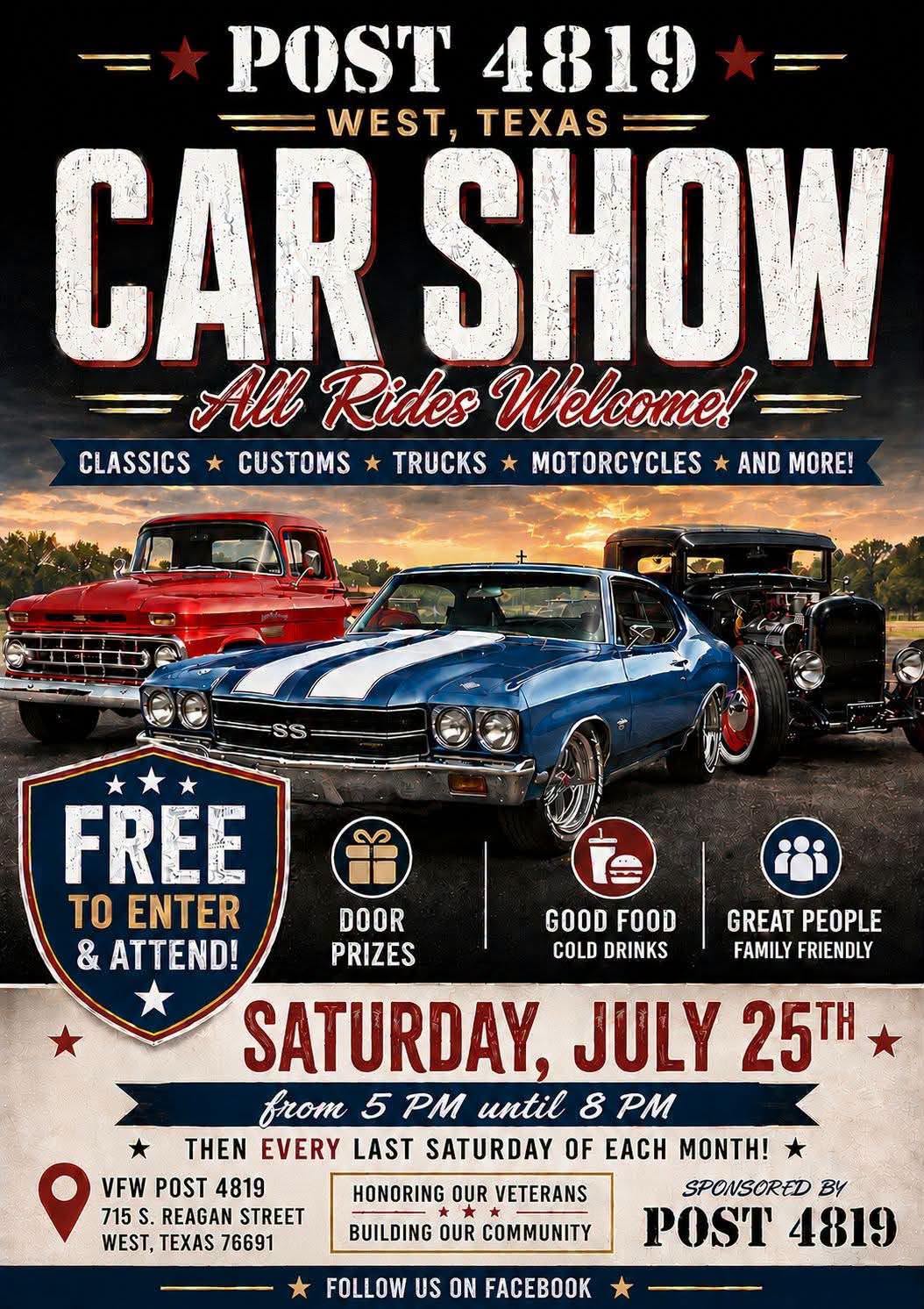VFW Post 4819 Car Show event at VFW Post 4819 in West, TX on July 25, 2026