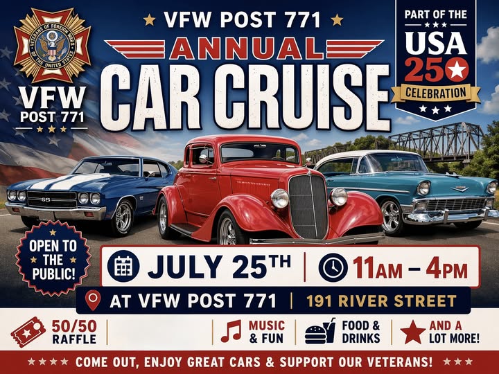 VFW Post 771 Annual Car Cruise event at VFW Post 771 in Springfield, VT on July 25, 2026