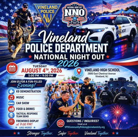 Vineland Police Department National Night Out event at Vineland High School in Vineland, NJ on August 4, 2026