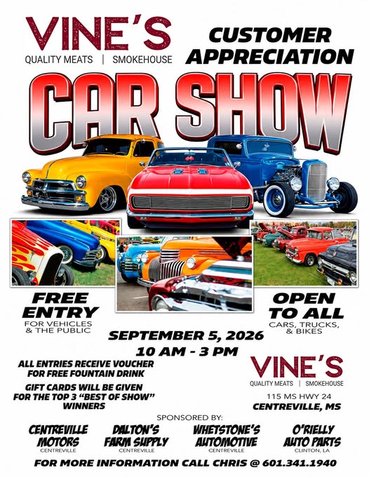 Vine's Quality Meats Car Show event at Vine's Quality Meats in Centreville, MS on September 5, 2026