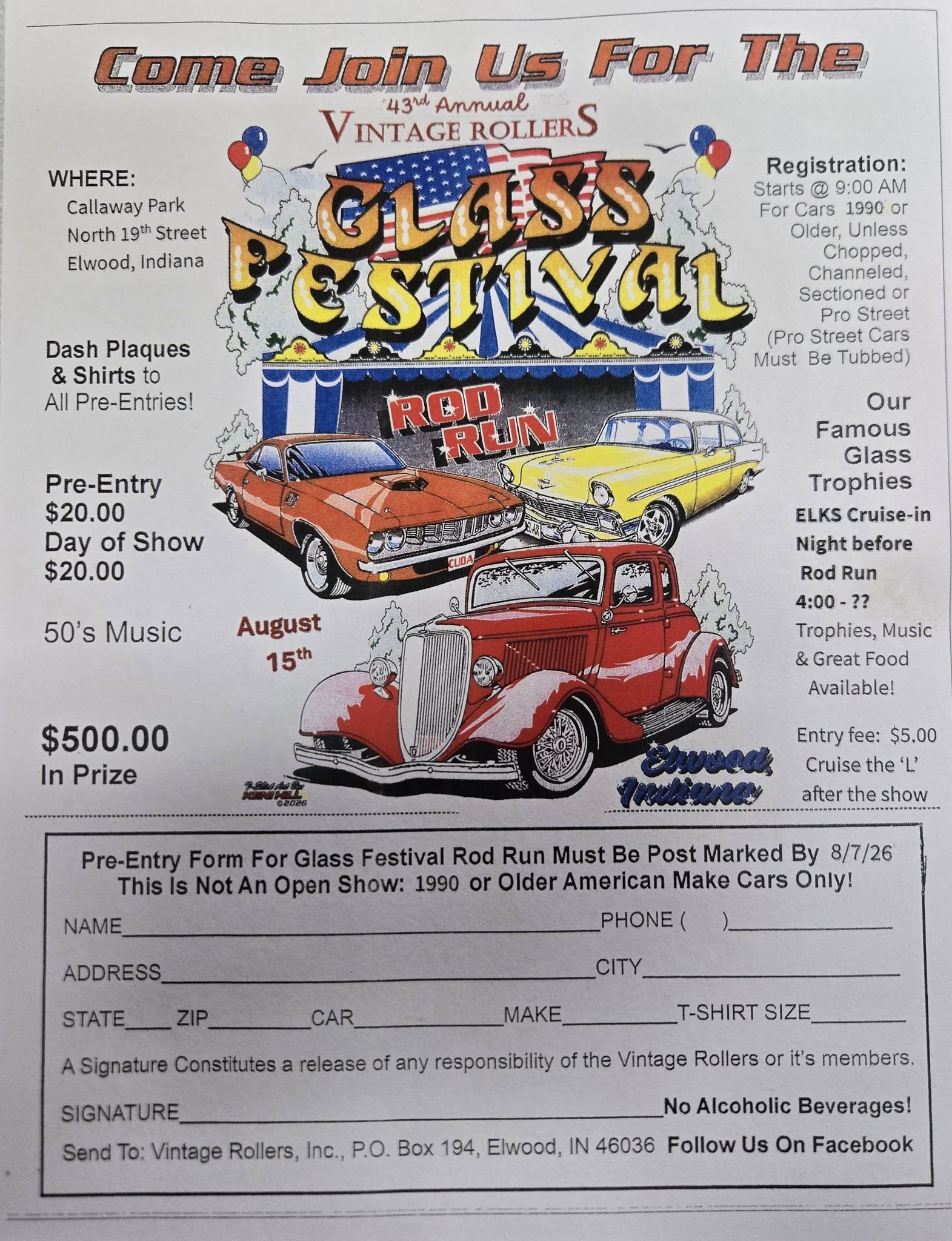 Vintage Rollers 43rd Annual Glass Festival Rod Run event at Callaway Park in Elwood, IN on August 15, 2026