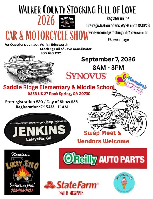 Walker County Stocking Full of Love Pharoahs Car Club Car & Motorcycle Show event at Saddle Ridge Elementary & Middle School in Rock Spring, GA on September 7, 2026