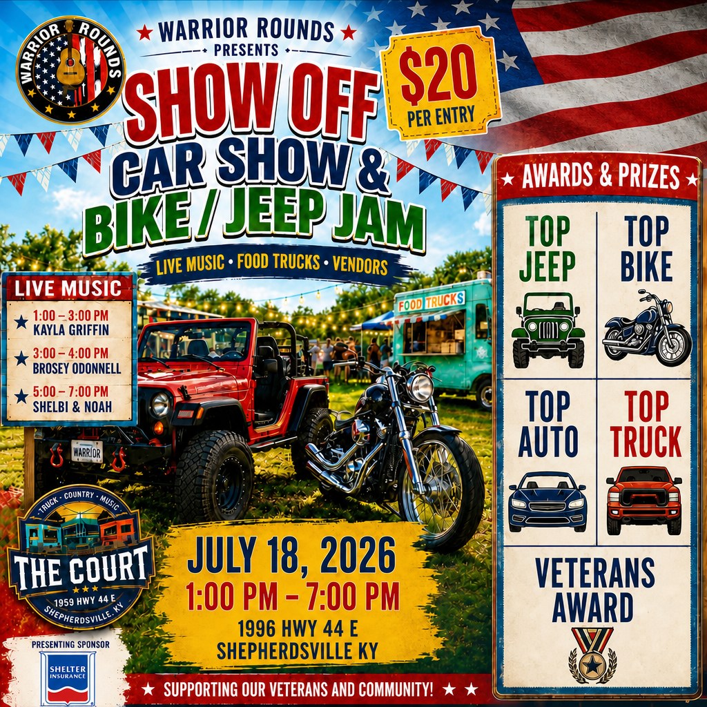 Warrior Rounds Car Show & Bike/Jeep Jam event at The Court in Shepherdsville, KY on July 18, 2026