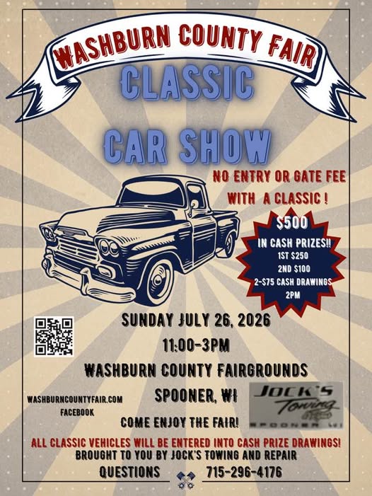Washburn County Fair Classic Car Show event at Washburn County Fairgrounds in Spooner, WI on July 26, 2026