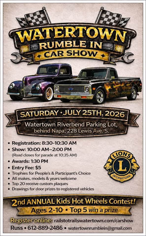 Watertown Rumble in Car Show event at Watertown Riverbend Parking Lot in Watertown, MN on July 25, 2026