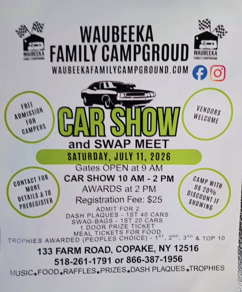 Waubeeka Family Campground Car Show and Swap Meet event at Waubeeka Family Campground in Copake, NY on July 11, 2026