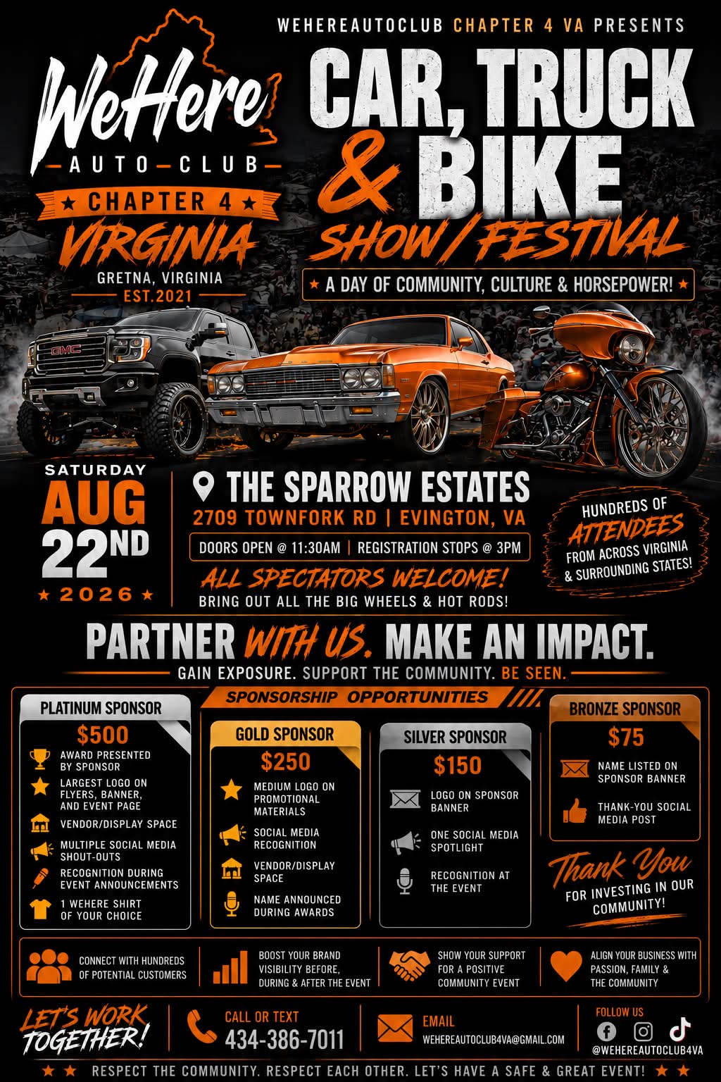 WeHere Auto Club Chapter 4 VA Car, Truck & Bike Show/Festival event at The Sparrow Estates in Evington, VA on August 22, 2026