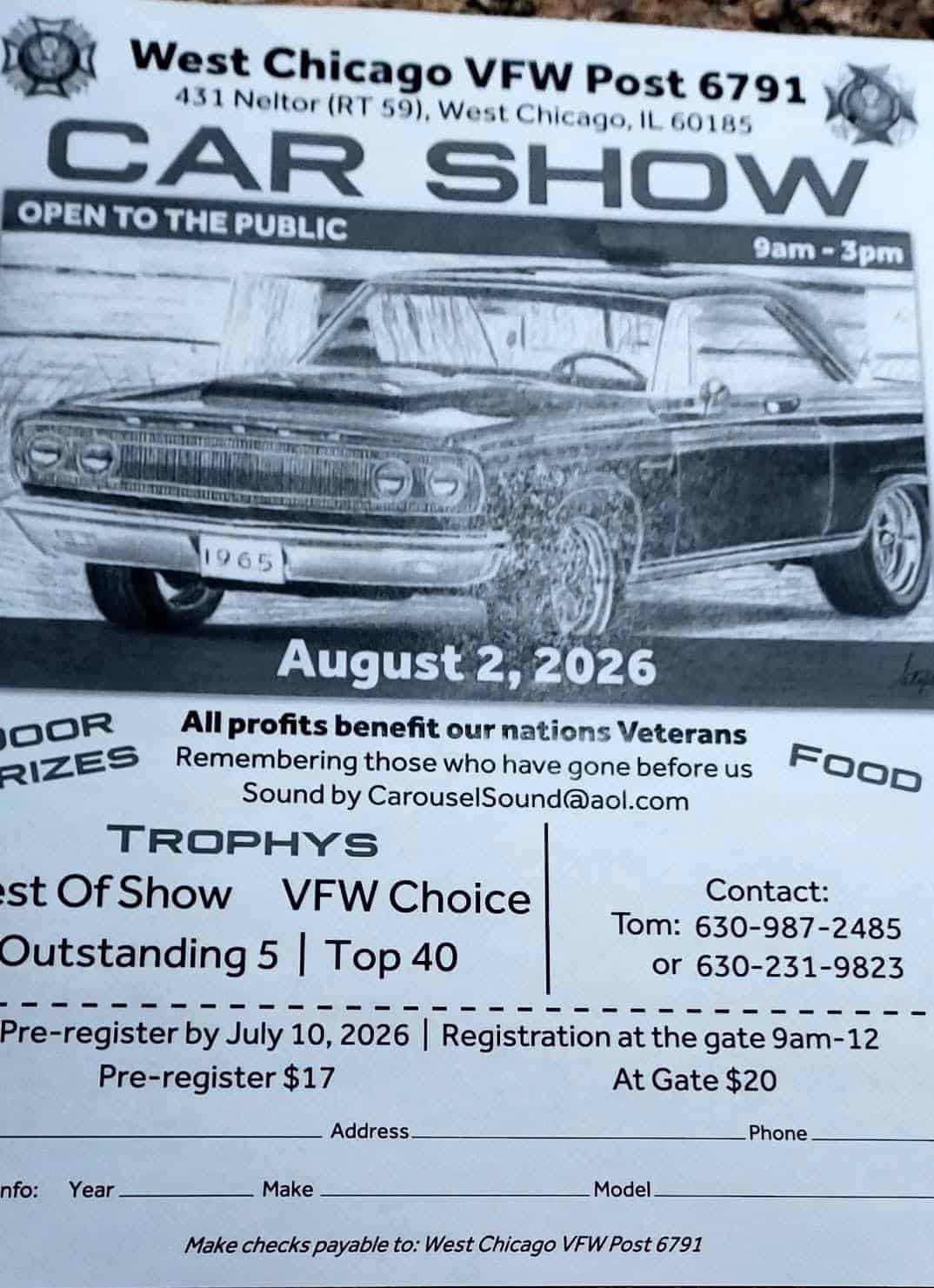 West Chicago VFW Post 6791 Car Show event at West Chicago VFW Post 6791 in West Chicago, IL on August 2, 2026