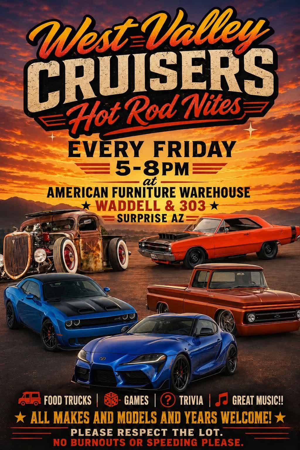 West Valley Cruisers Hot Rod Nites event at American Furniture Warehouse in Surprise, AZ on October 2, 2026