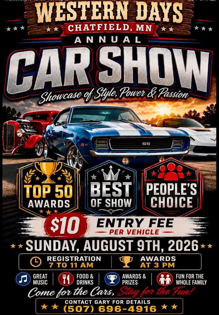 Western Days Annual Car Show Chatfield event at City Hall in Chatfield, MN on August 9, 2026