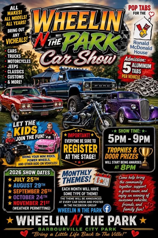 Wheelin the Park Car Show event at Barbourville City Park in Barbourville, KY on July 25, 2026