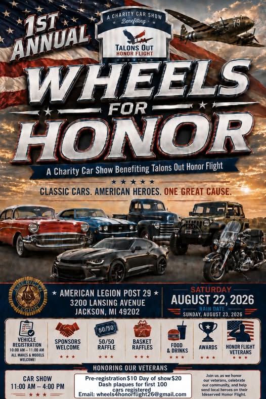 Wheels for Honor Car Show event at American Legion Post 29 in Jackson, MI on August 22, 2026