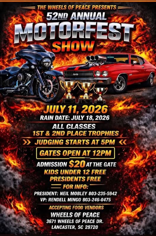Wheels of Peace 52nd Annual Motorfest Show event at Wheels of Peace in Lancaster, SC on July 11, 2026