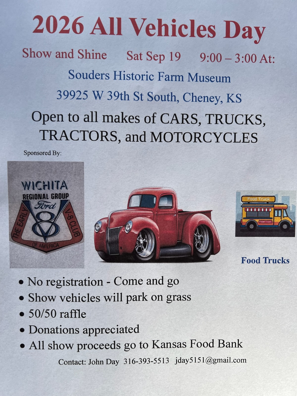 Wichita Regional Early Ford V-8 Club All Vehicles Day Show and Shine event at Souders Historic Farm Museum in Cheney, KS on September 19, 2026