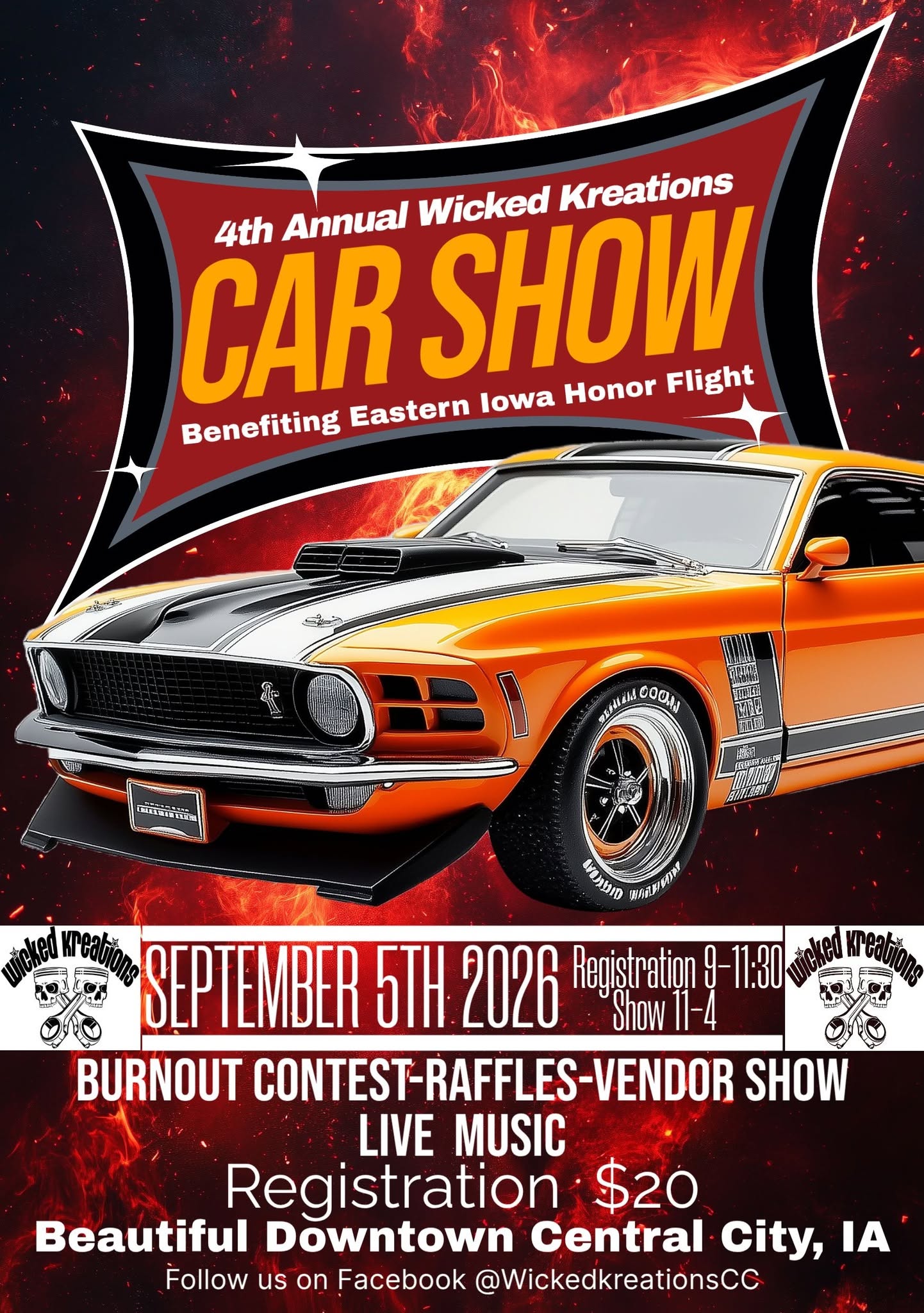Wicked Kreations 4th Annual Car Show event at Downtown Central City in Central City, IA on September 5, 2026