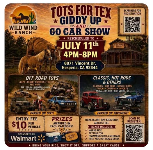Wild Wind Ranch Tots for Tex Giddy up and Go Car Show event at Wild Wind Ranch in Hesperia, CA on July 11, 2026