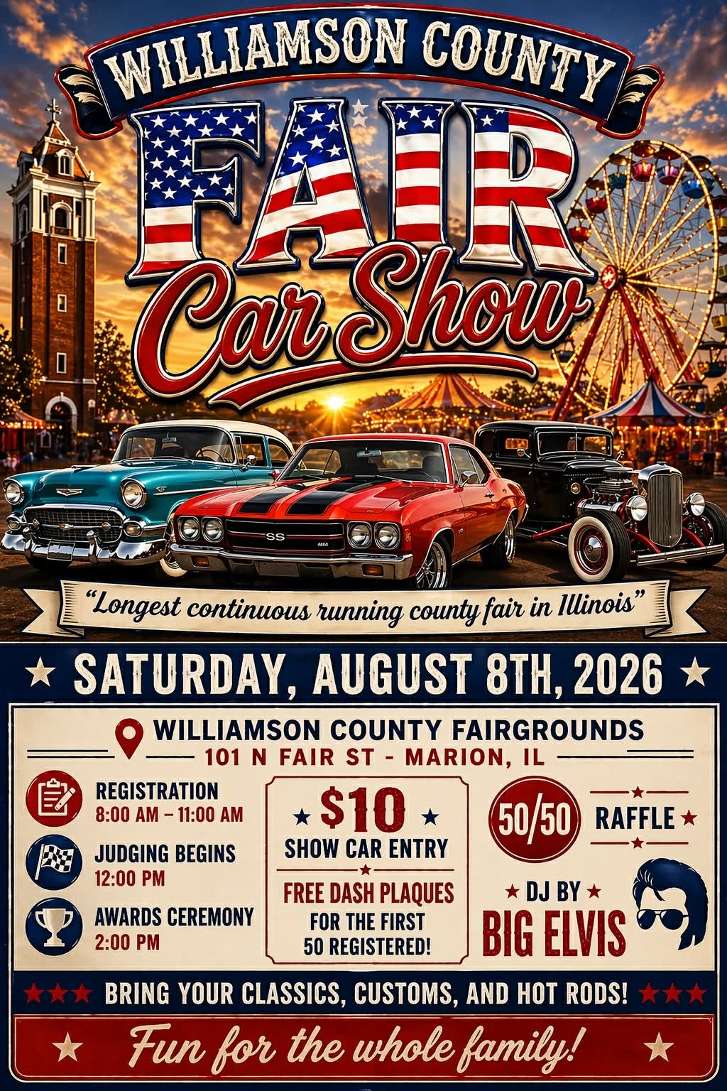 Williamson County Fair Car Show event at Williamson County Fairgrounds in Marion, IL on August 8, 2026