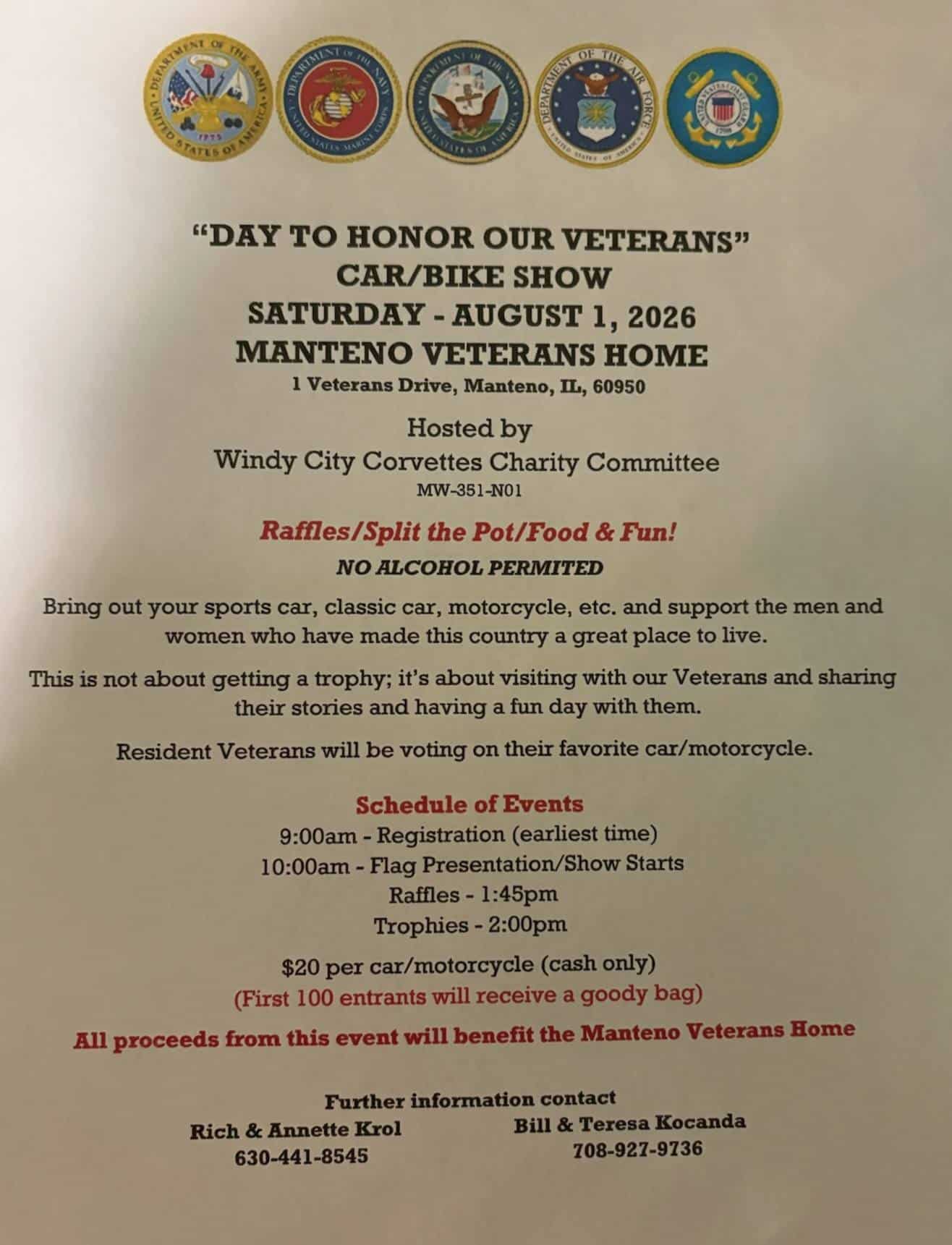 Windy City Corvettes Charity Committee Day to Honor Our Veterans Car/Bike Show event at Manteno Veterans Home in Manteno, IL on August 1, 2026