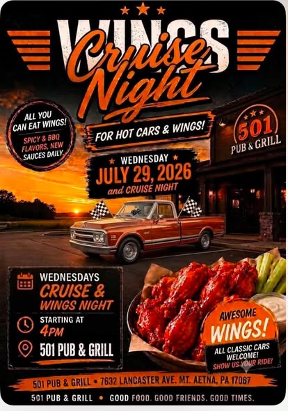 Wings Cruise Night at 501 Pub & Grill event at 501 Pub & Grill in Mt. Aetna, PA on July 29, 2026