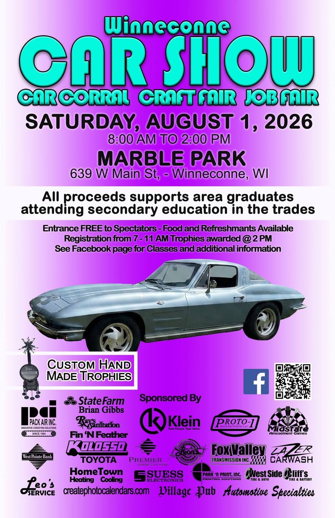 Winneconne Car Show event at Marble Park in Winneconne, WI on August 1, 2026