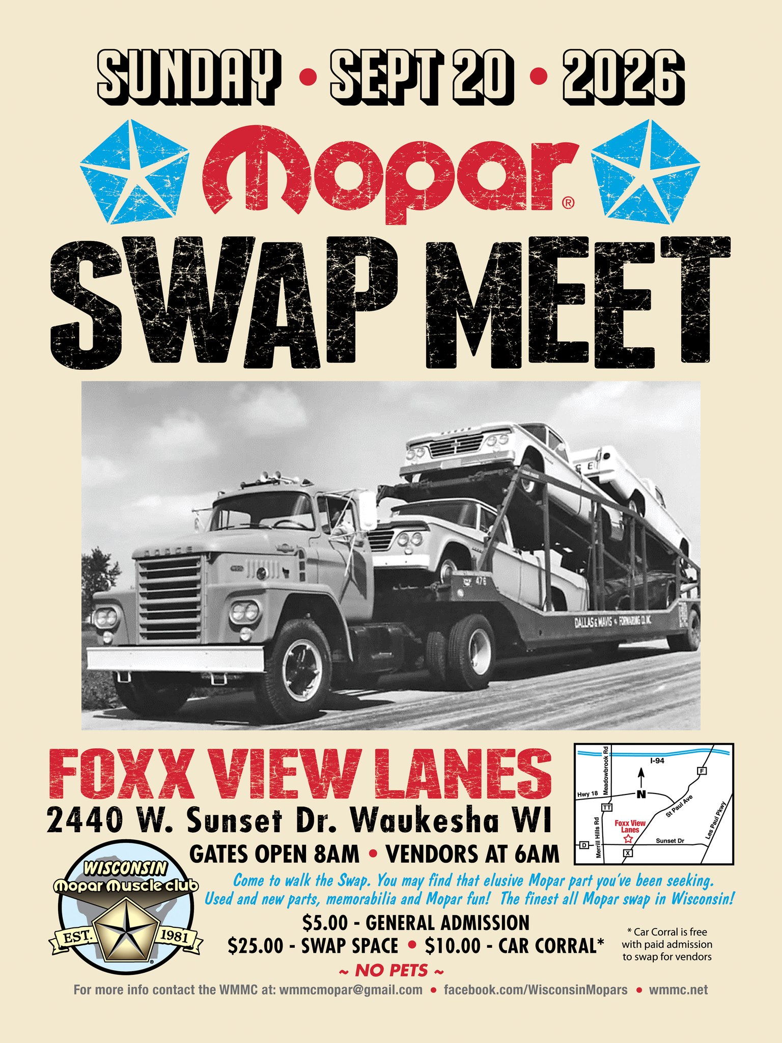 Wisconsin Mopar Muscle Club Mopar Swap Meet event at Foxx View Lanes in Waukesha, WI on September 20, 2026