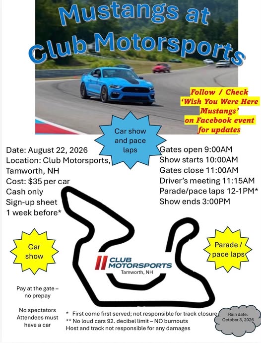 Wish You Were Here Mustangs at Club Motorsports event at Club Motorsports in Tamworth, NH on August 22, 2026
