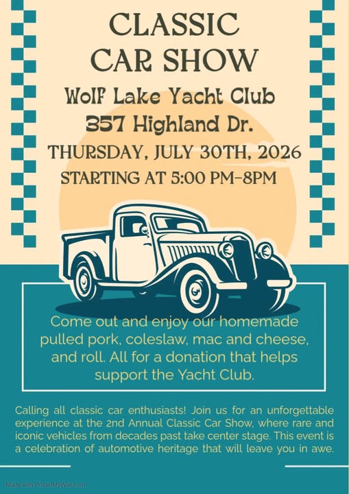 Wolf Lake Yacht Club Classic Car Show event at Wolf Lake Yacht Club in Jackson, MI on July 30, 2026