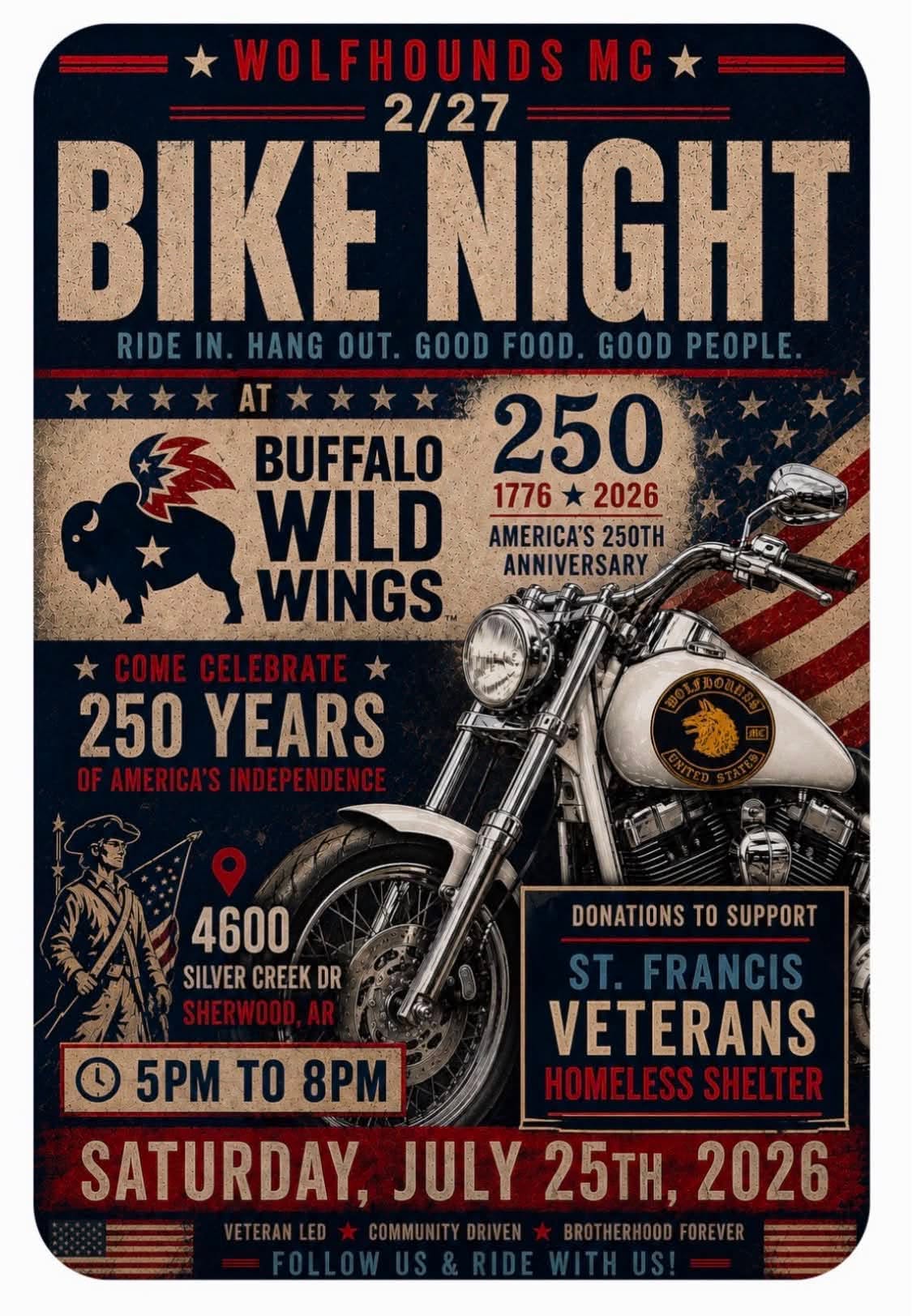 Wolfhounds MC Bike Night event at Buffalo Wild Wings in Sherwood, AR on July 26, 2026