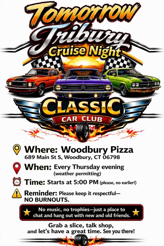 Woodbury Pizza Classic Car Club Cruise Night event at Woodbury Pizza in Woodbury, CT on July 9, 2026