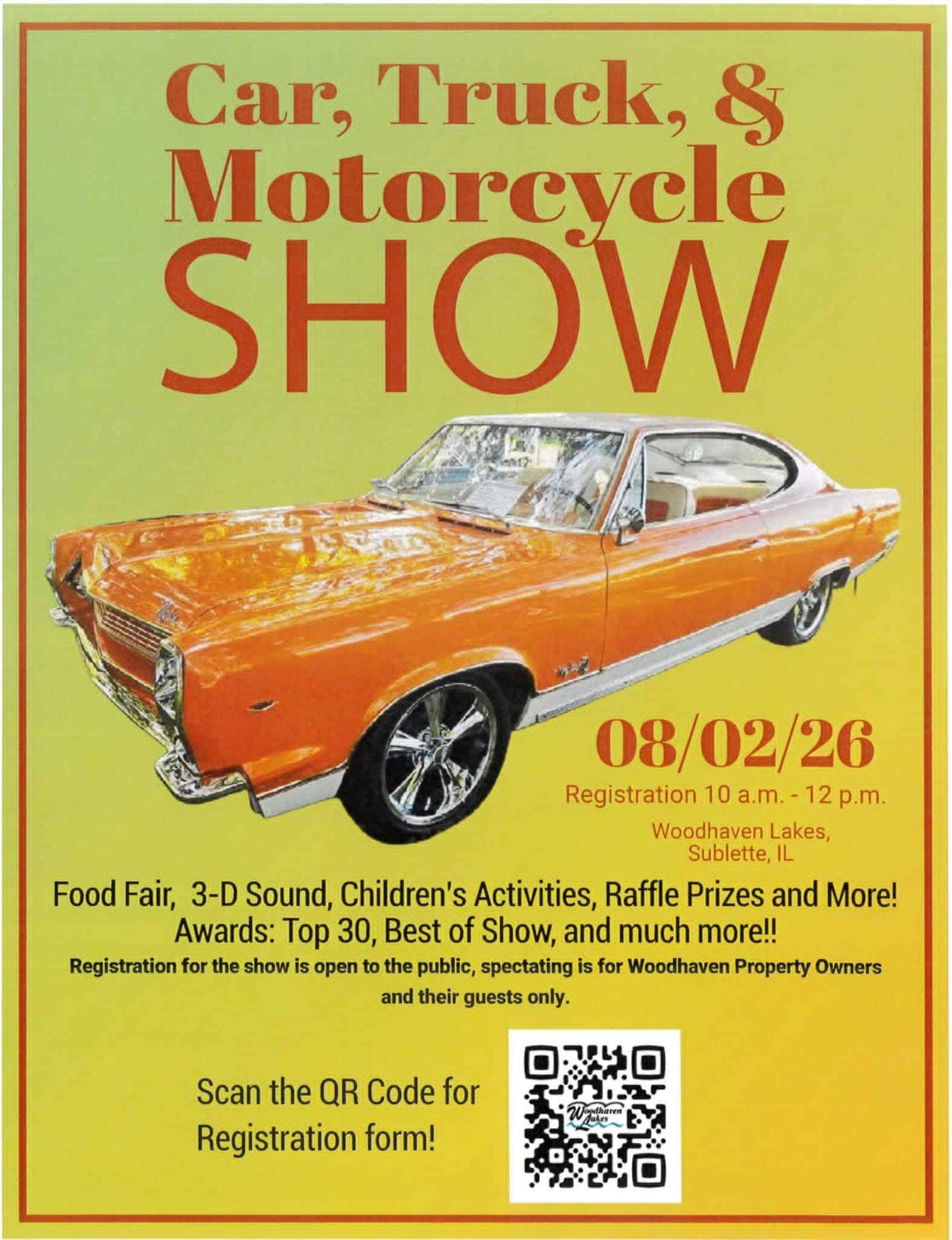 Woodhaven Lakes Car, Truck, & Motorcycle Show event at Woodhaven Lakes in Sublette, IL on August 2, 2026