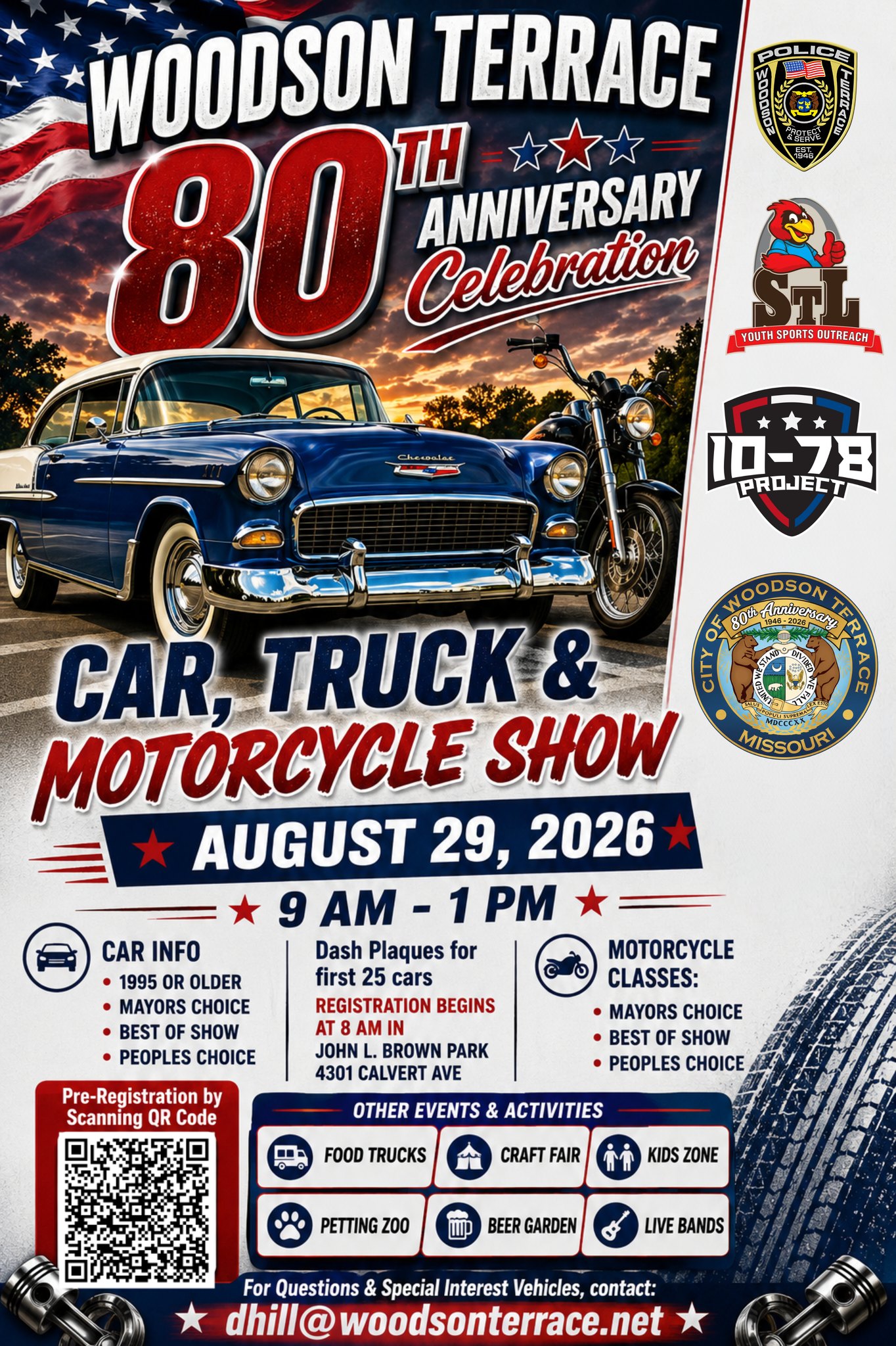 Woodson Terrace 80th Anniversary Car, Truck & Motorcycle Show event at John L. Brown Park in Woodson Terrace, MO on August 29, 2026