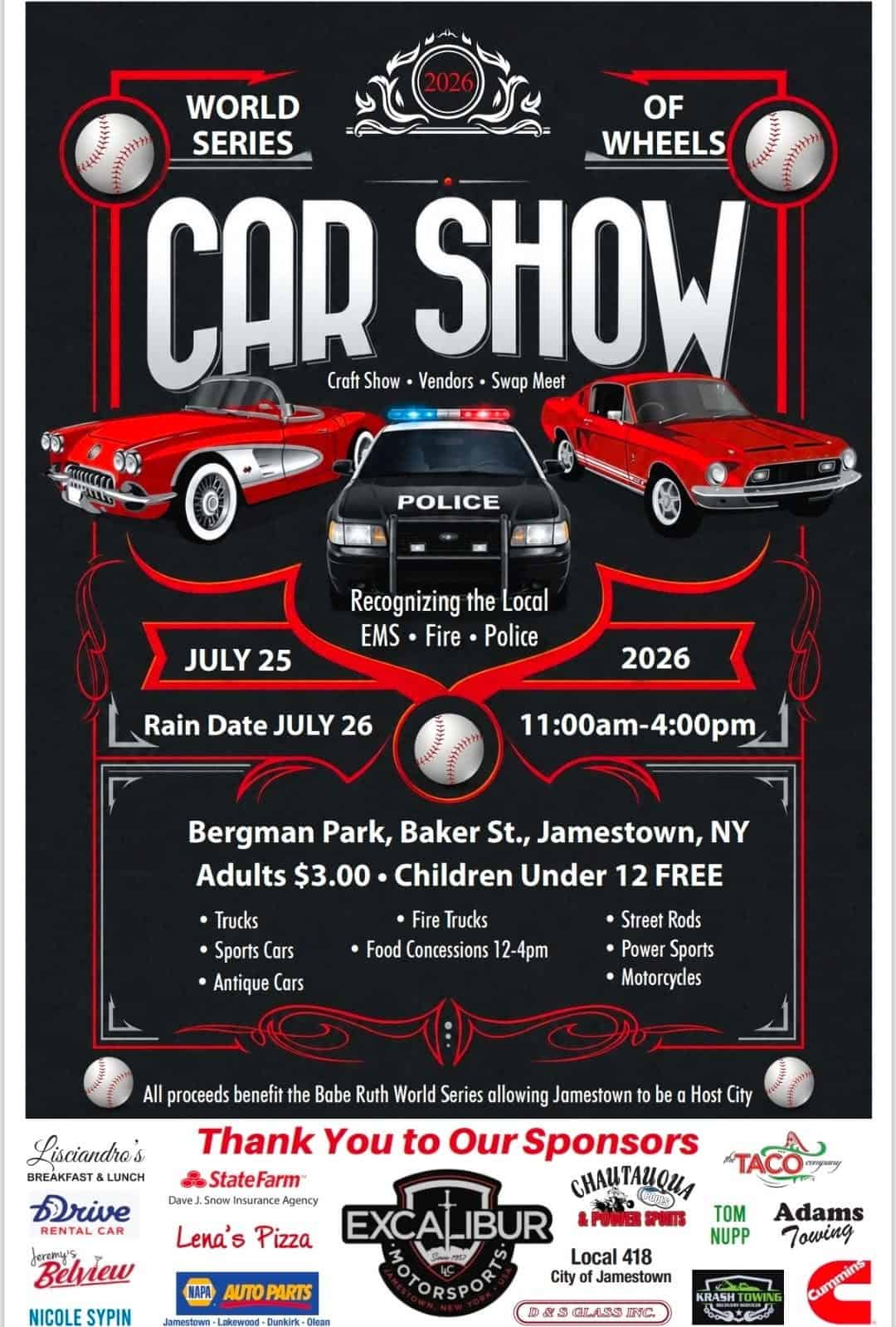 World Series of Wheels Car Show event at Bergman Park in Jamestown, NY on July 25, 2026