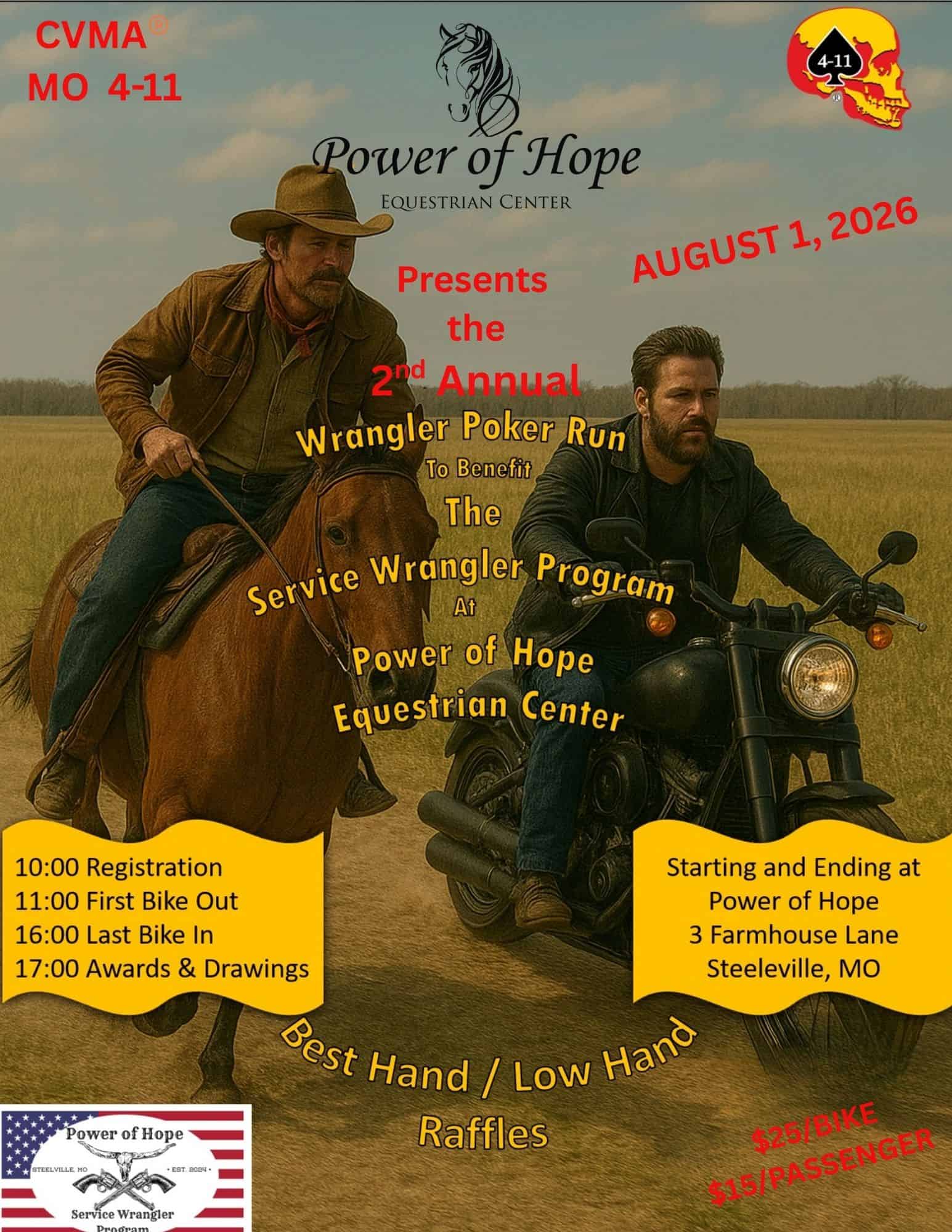 Wrangler Poker Run event at Power of Hope Equestrian Center in Steelville, MO on August 1, 2026