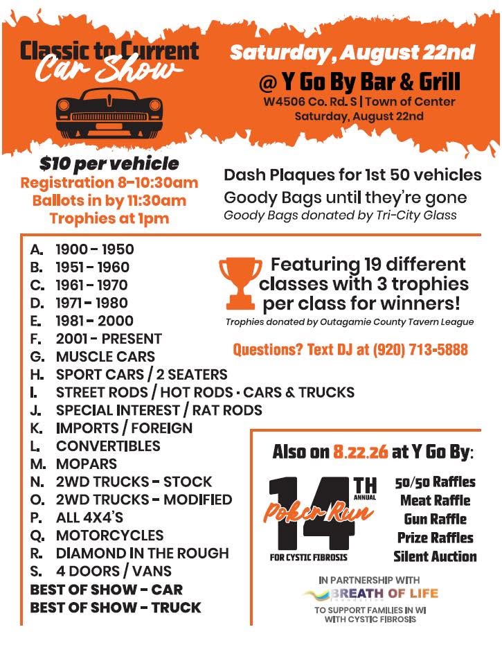 Y Go by Bar & Grill Classic to Current Car Show event at Y Go by Bar & Grill in Town of Center, WI on August 22, 2026
