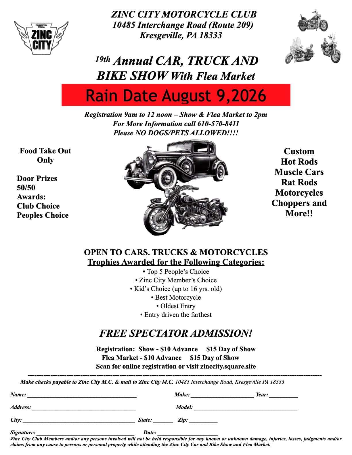 Zinc City Motorcycle Club 19th Annual Car, Truck and Bike Show with Flea Market event at Zinc City Motorcycle Club in Kresgeville, PA on August 9, 2026