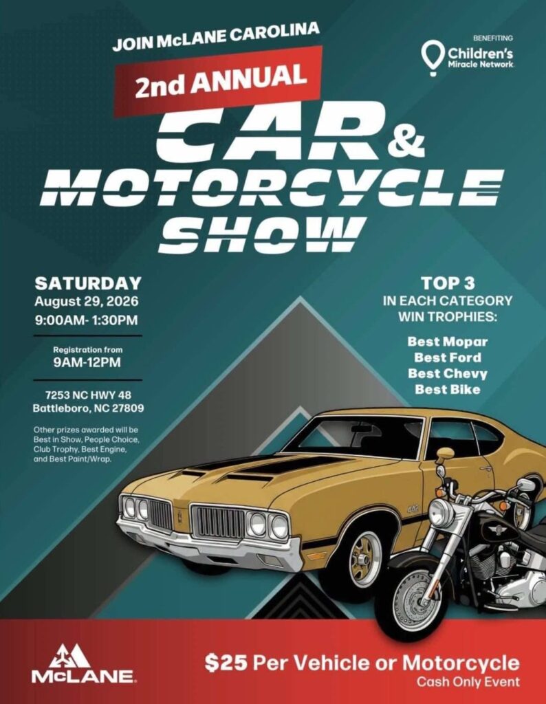 McLane Carolina 2nd Annual Car & Motorcycle Show event at 7253 NC Hwy 48 in Battleboro, NC on August 29, 2026