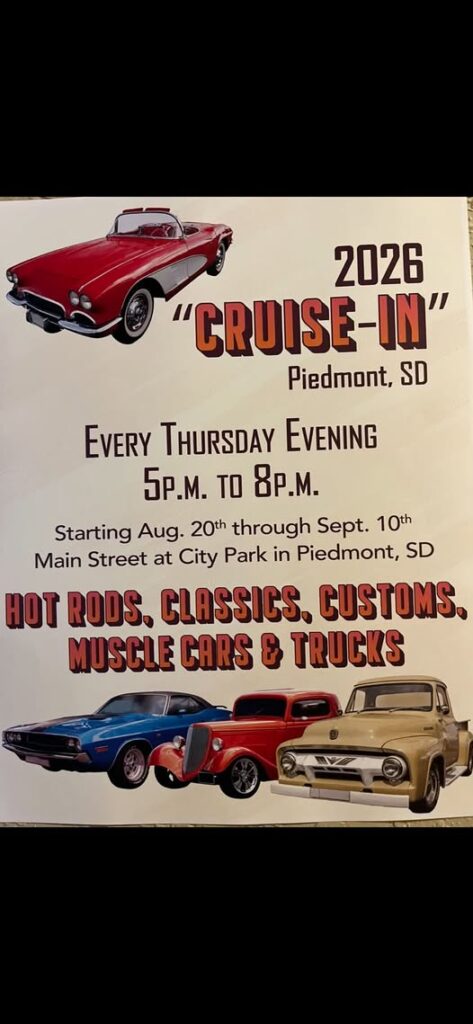 2026 Piedmont SD Cruise-In event at City Park in Piedmont, SD on August 21, 2026