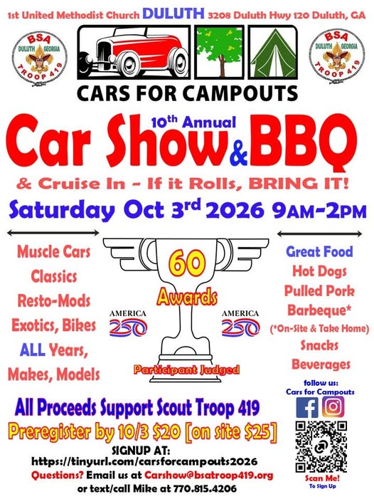 10th Annual Cars for Campouts Car Show & BBQ event at 1st United Methodist Church Duluth in Duluth, GA on October 3, 2026