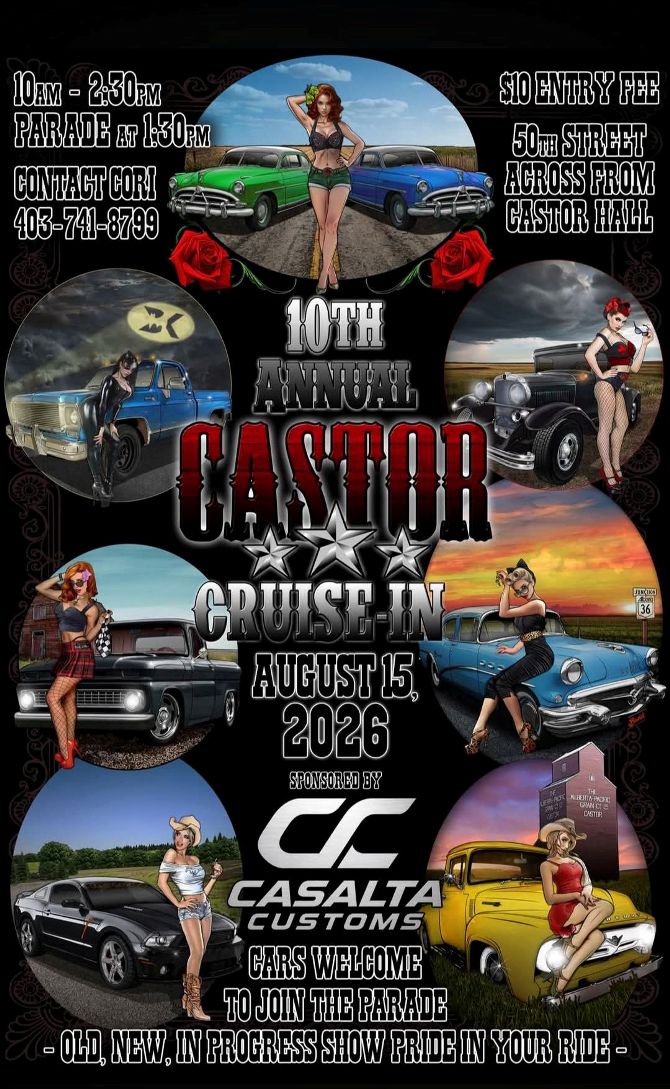 10th Annual Castor Cruise-In event at Castor Hall in Castor, AB on August 15, 2026