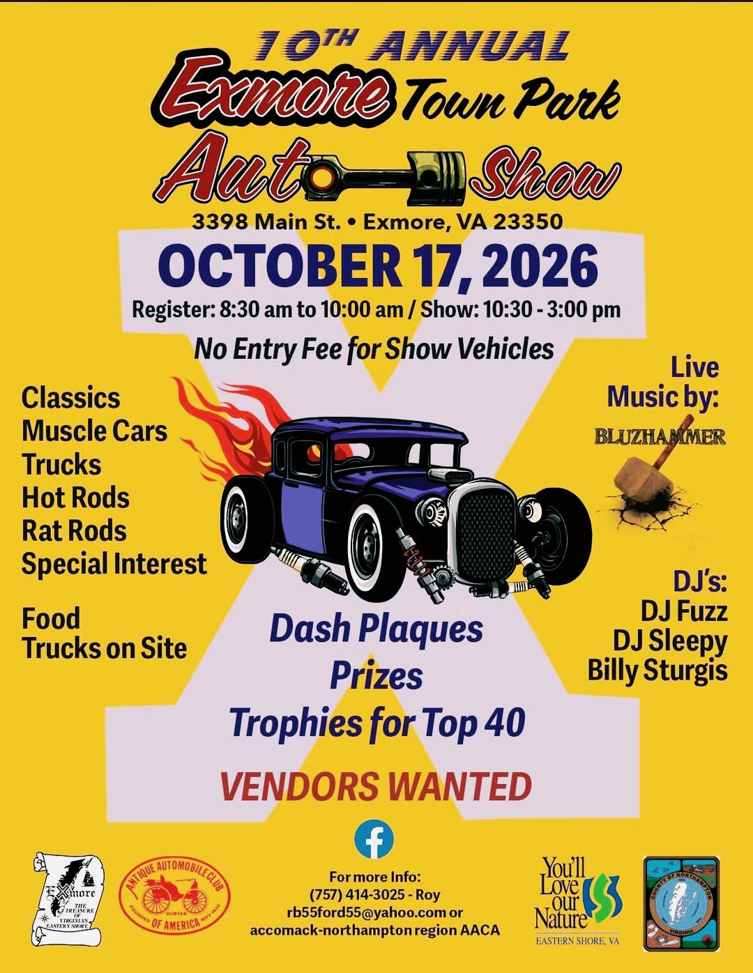 10th Annual Exmore Town Park Auto Show event at Exmore Town Park in Exmore, VA on October 17, 2026
