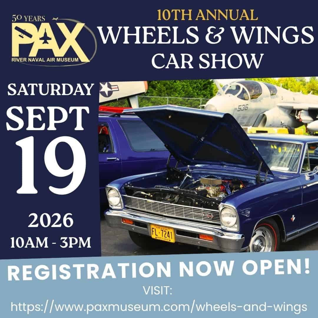 10th Annual Wheels & Wings Car Show event at Pax River Naval Air Museum in Lexington Park, MD on September 19, 2026